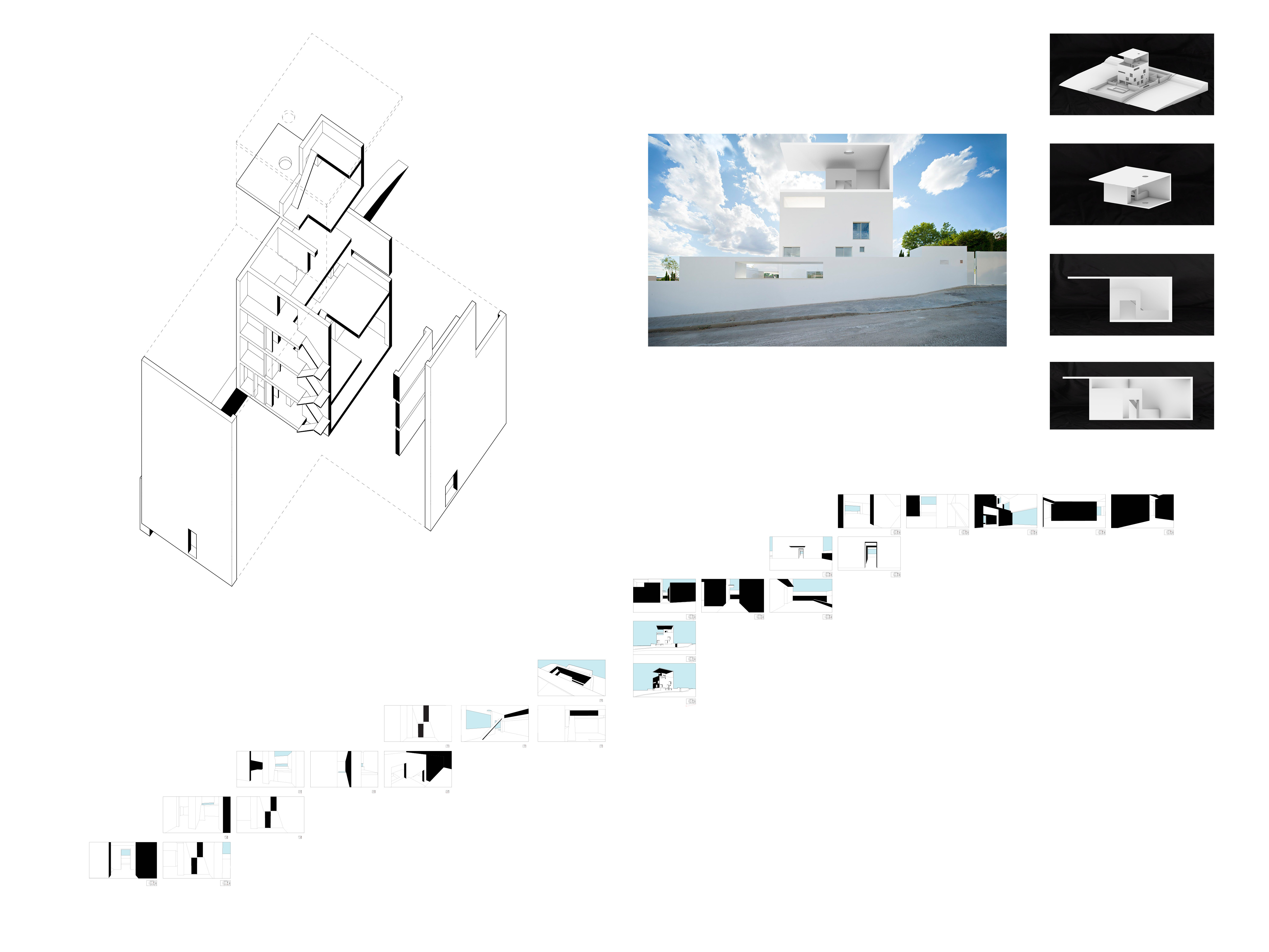 Axonometric drawing, interior render, and sequential wall studies