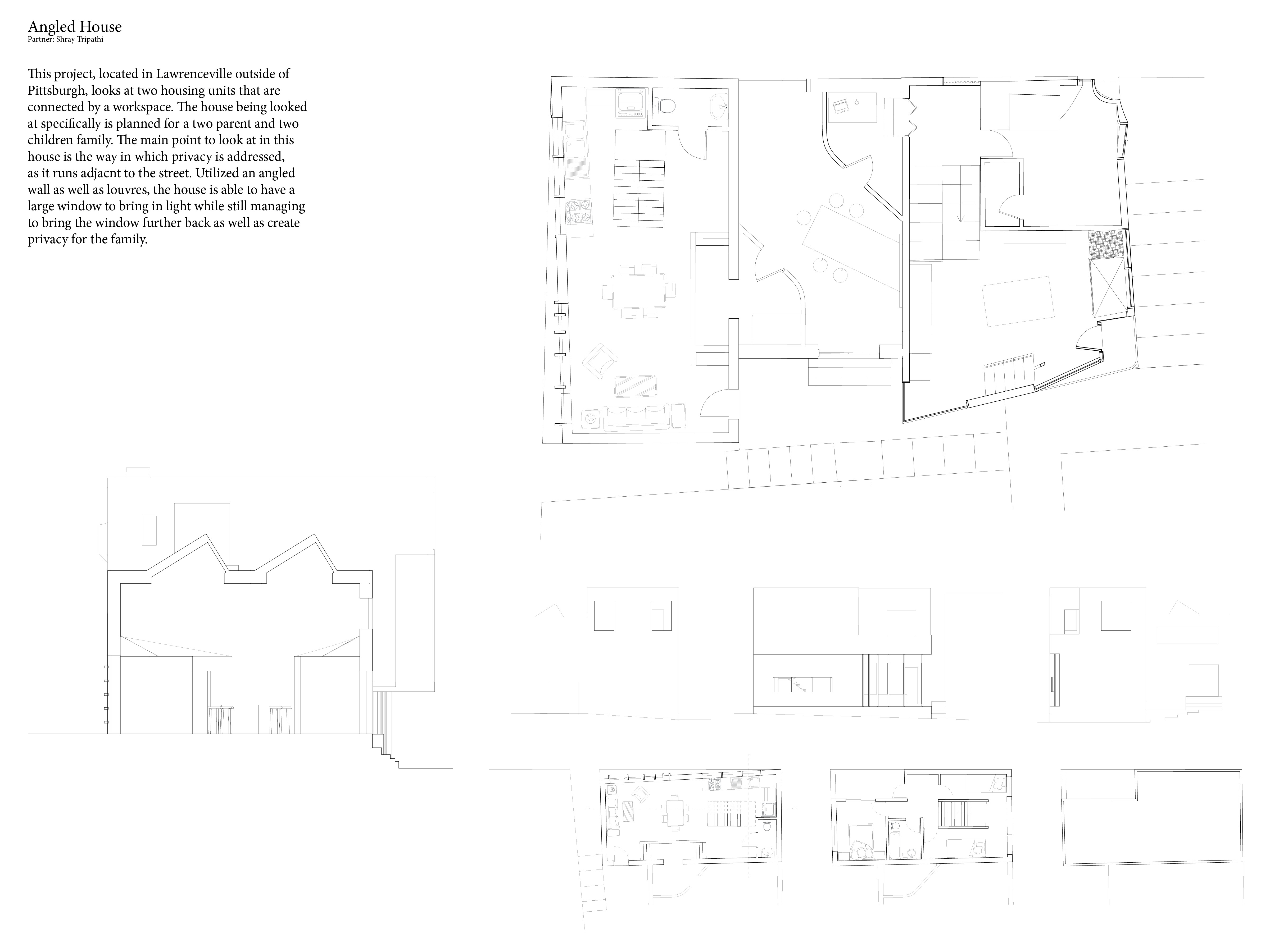 Floor plans and site drawings of the angled house in Lawrenceville