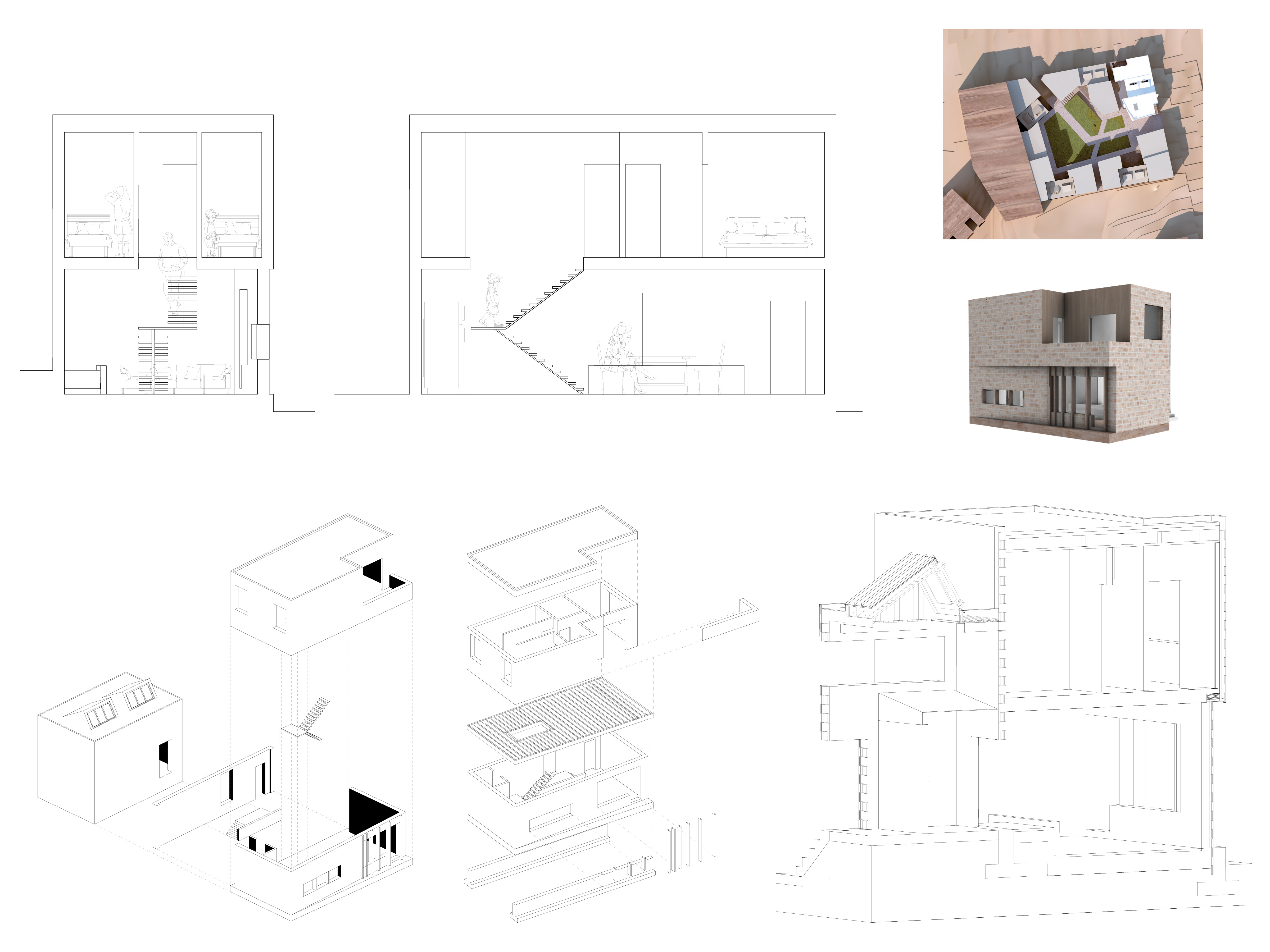 Sections, exploded axonometric, and 3D renderings of the multi-story residence