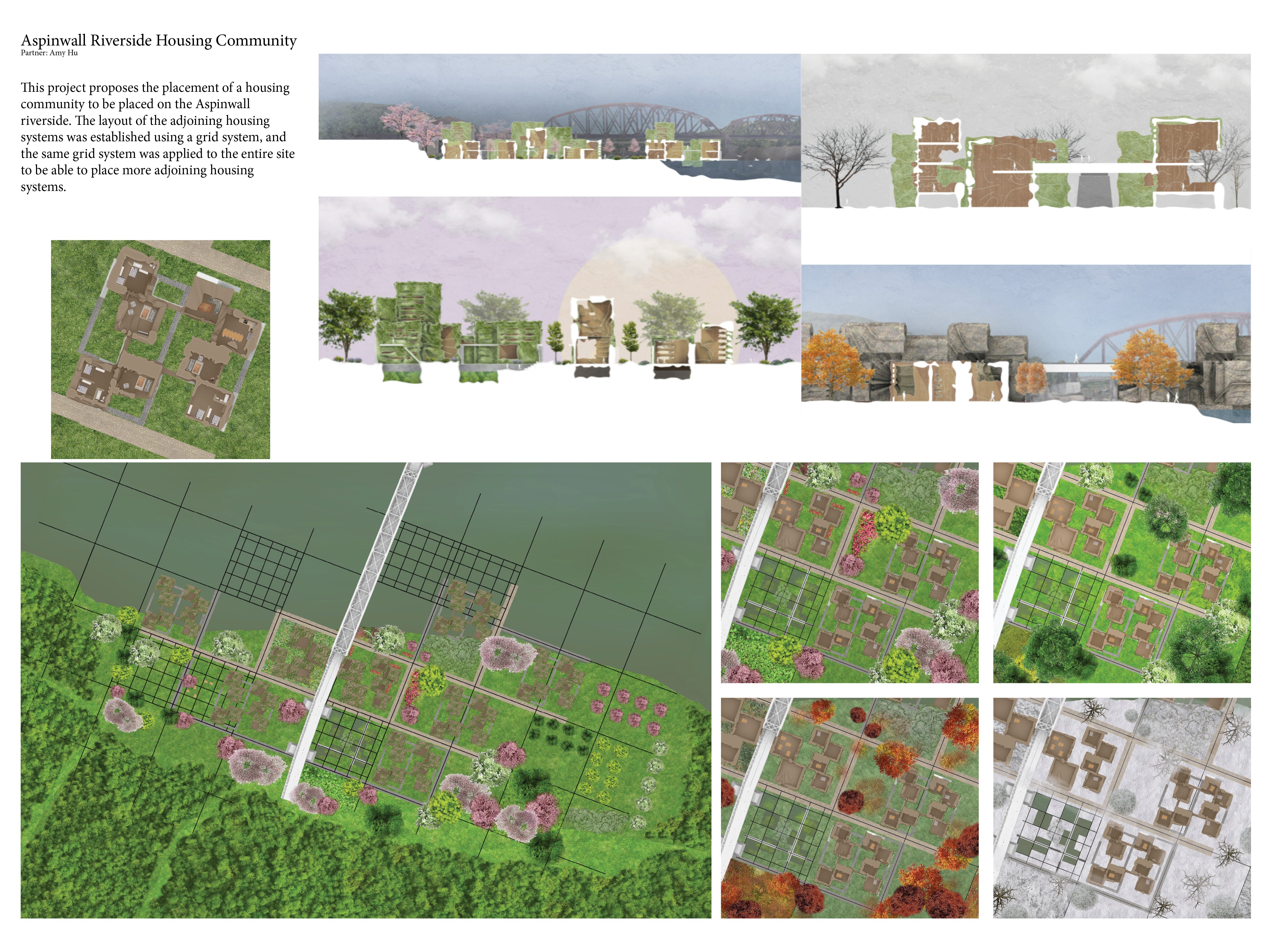 Aerial renderings, site plan, and housing cluster views of riverside community