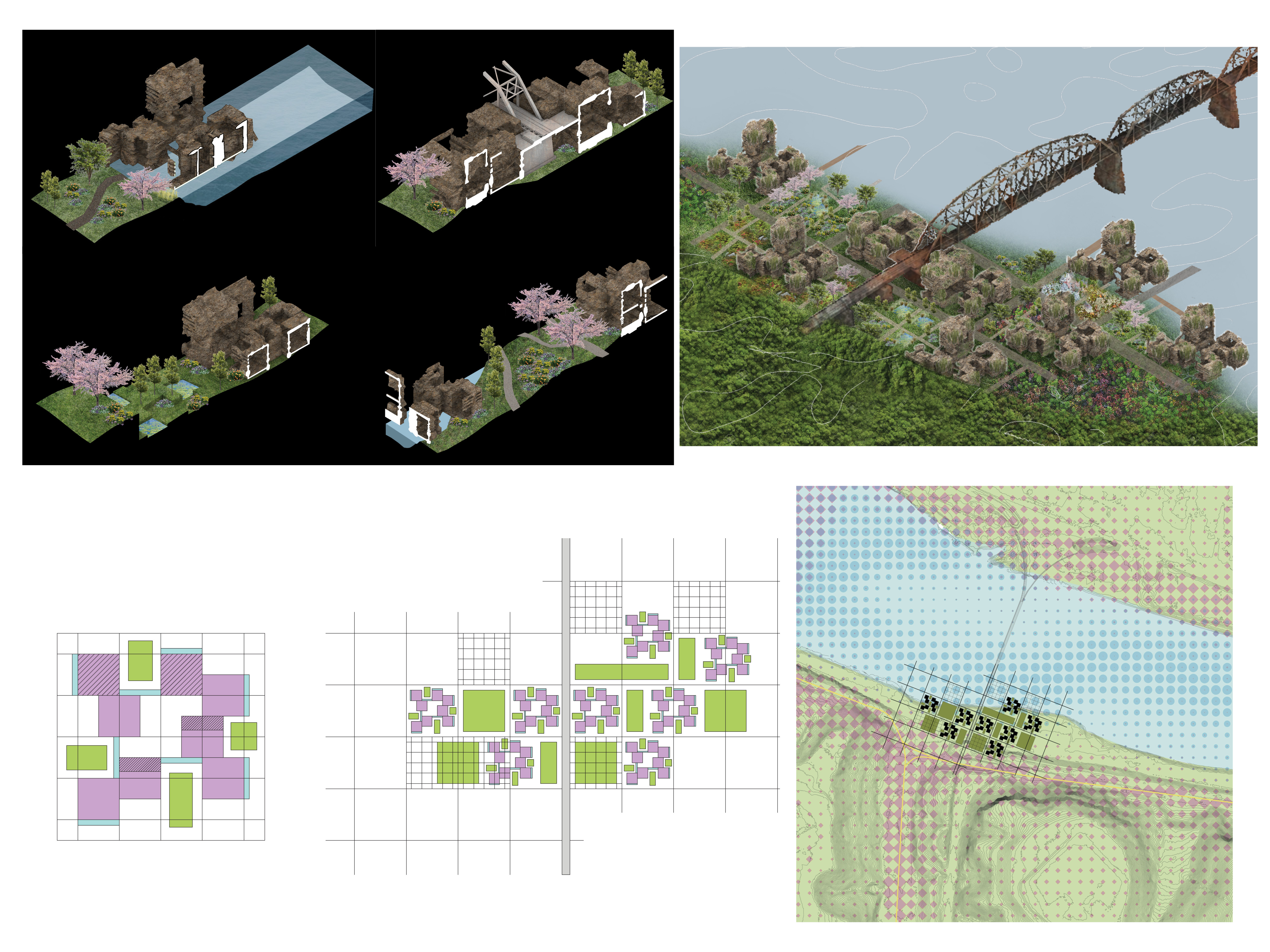 Isometric views of housing units on waterfront with bridge and landscape context