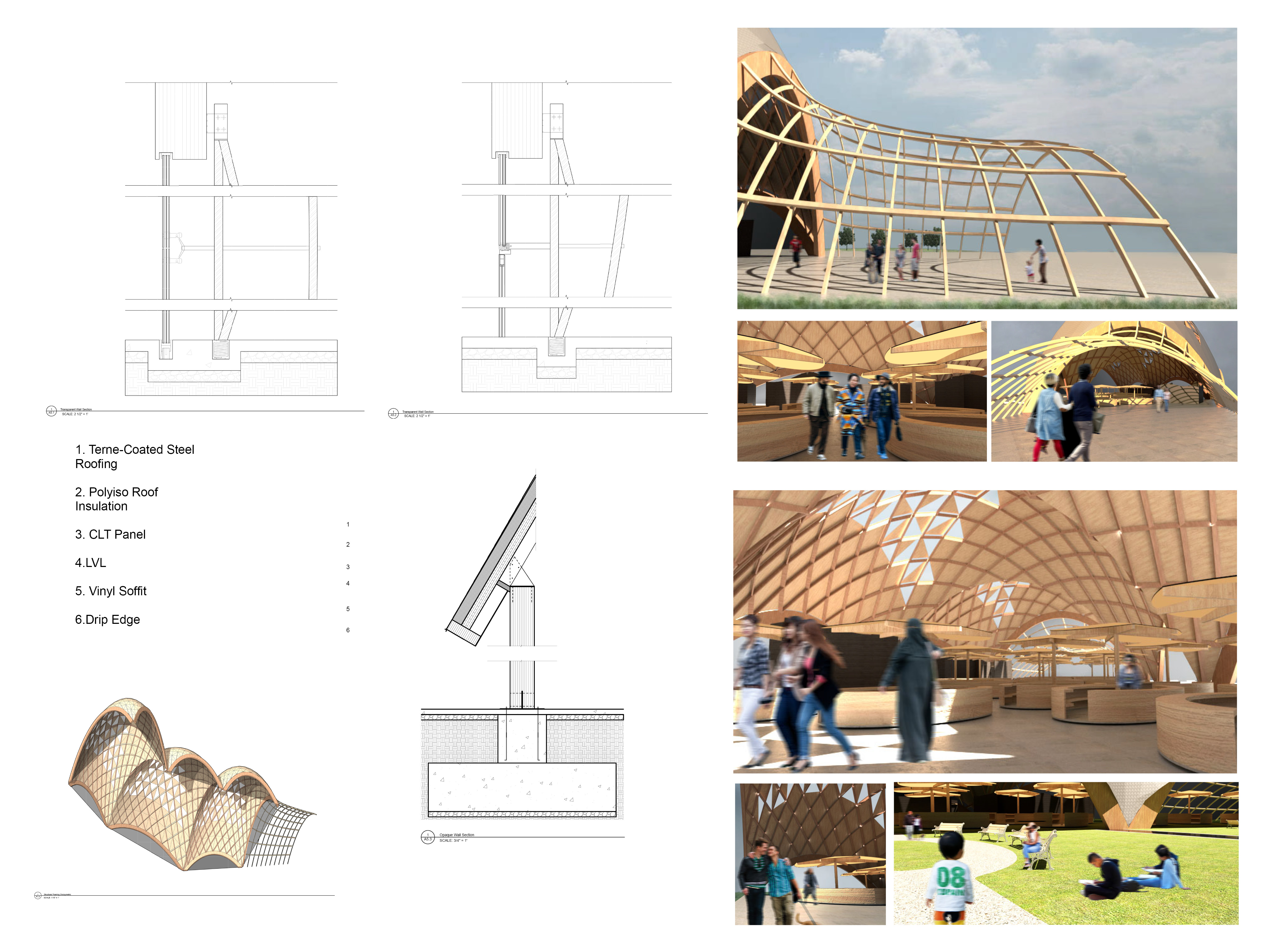 Construction details, wall sections, and interior renderings of the timber lattice market hall