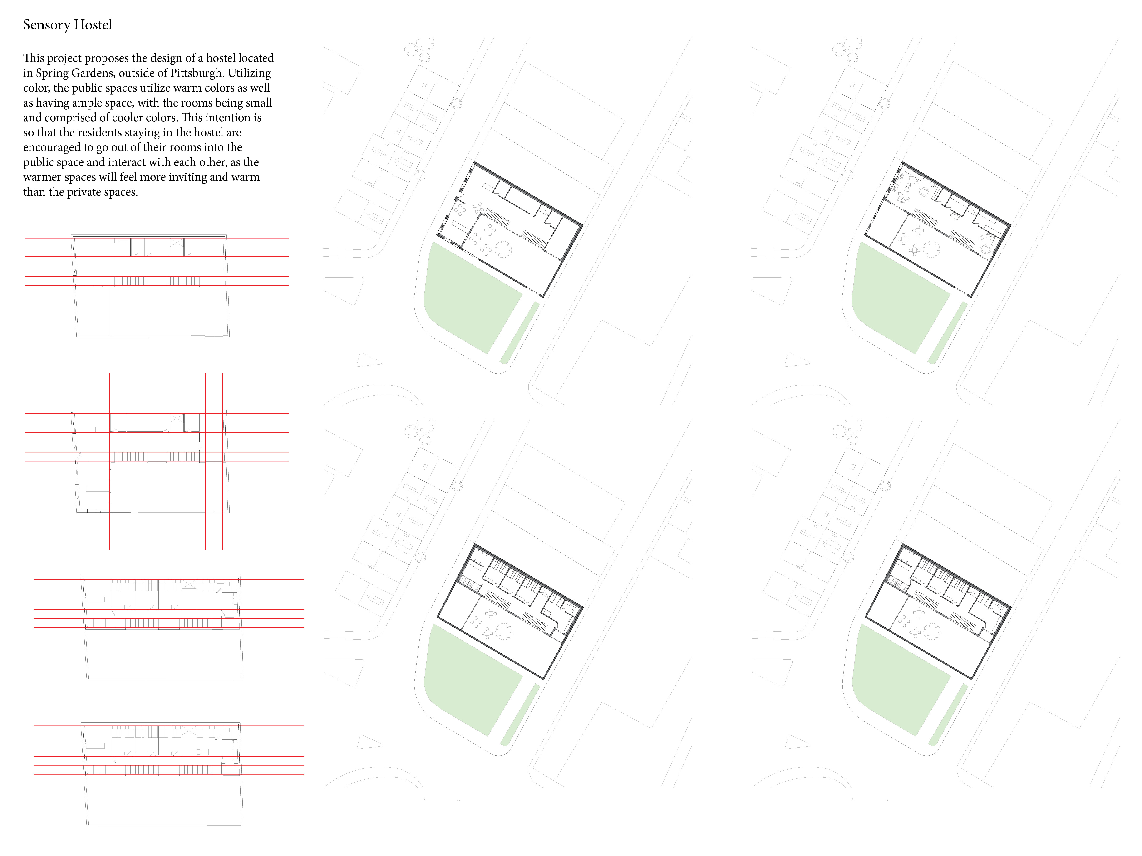 Plans and color-coded spatial diagrams showing warm public and cool private zones