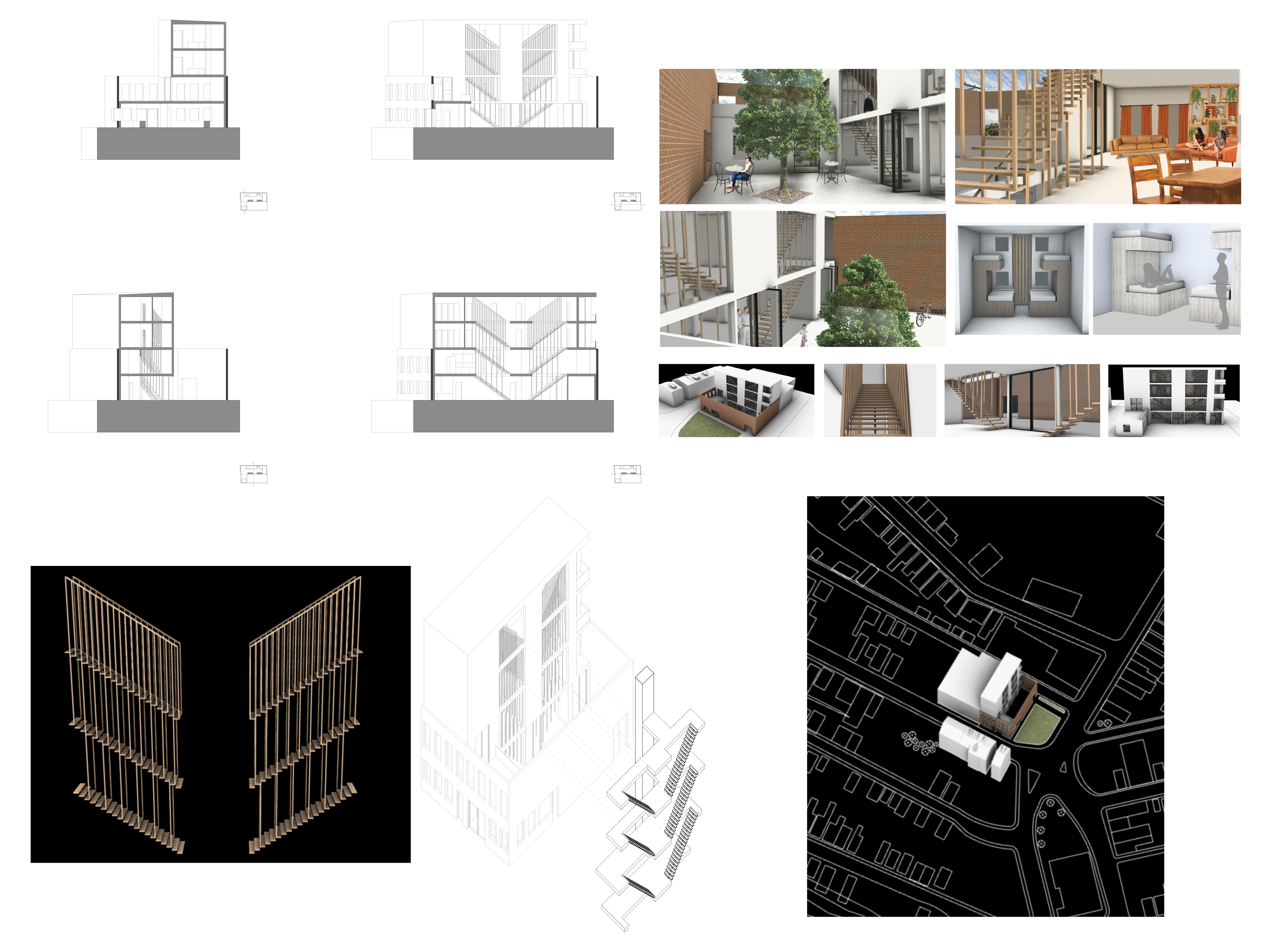 Elevations, interior renderings with courtyard, and structural timber details