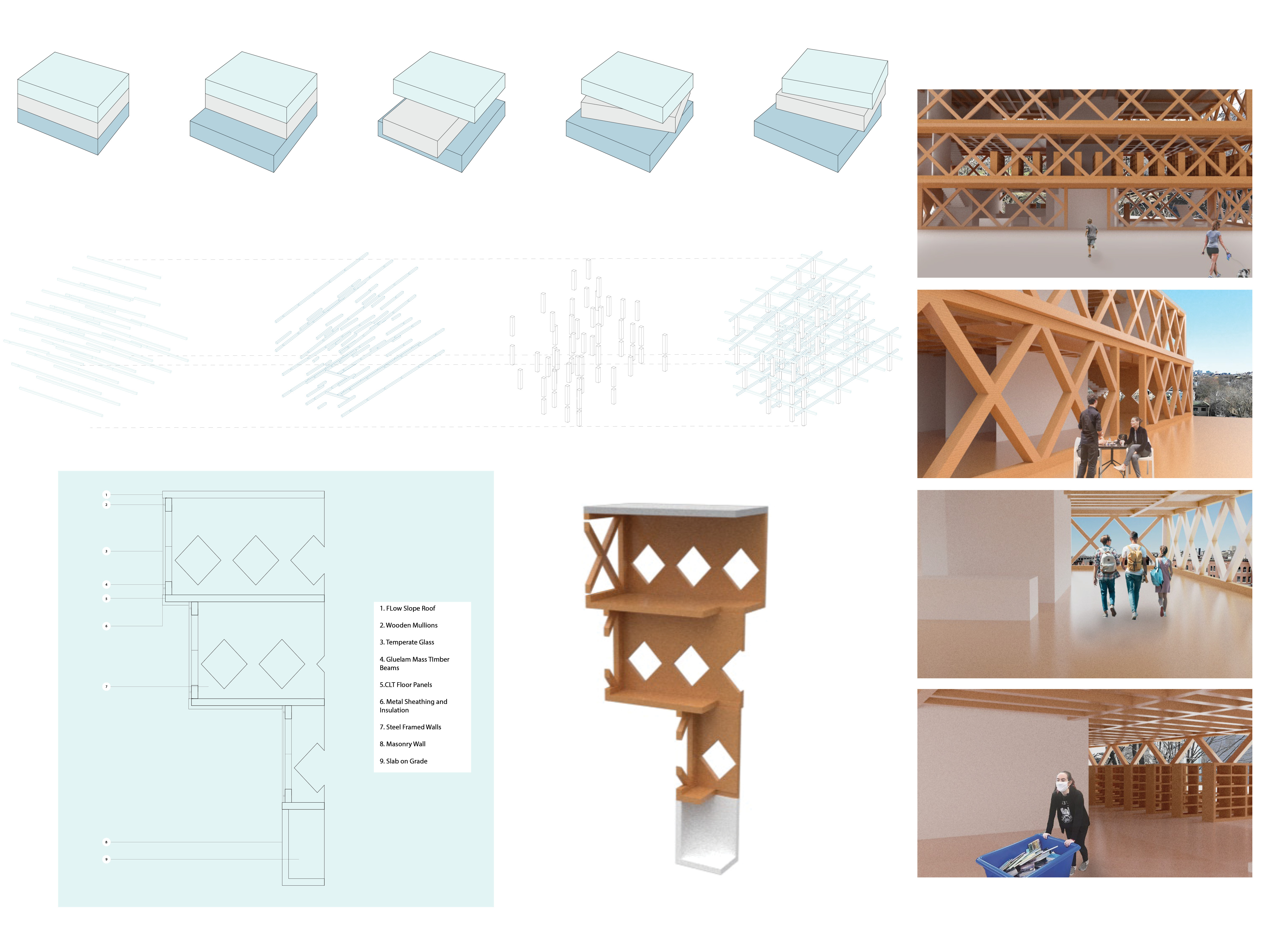 Massing studies, structural details, wall section, and interior renderings